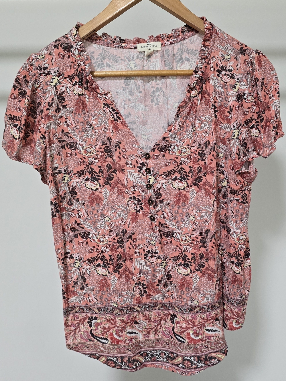 Maison & Belle Rose Floral V-Neck Button Blouse